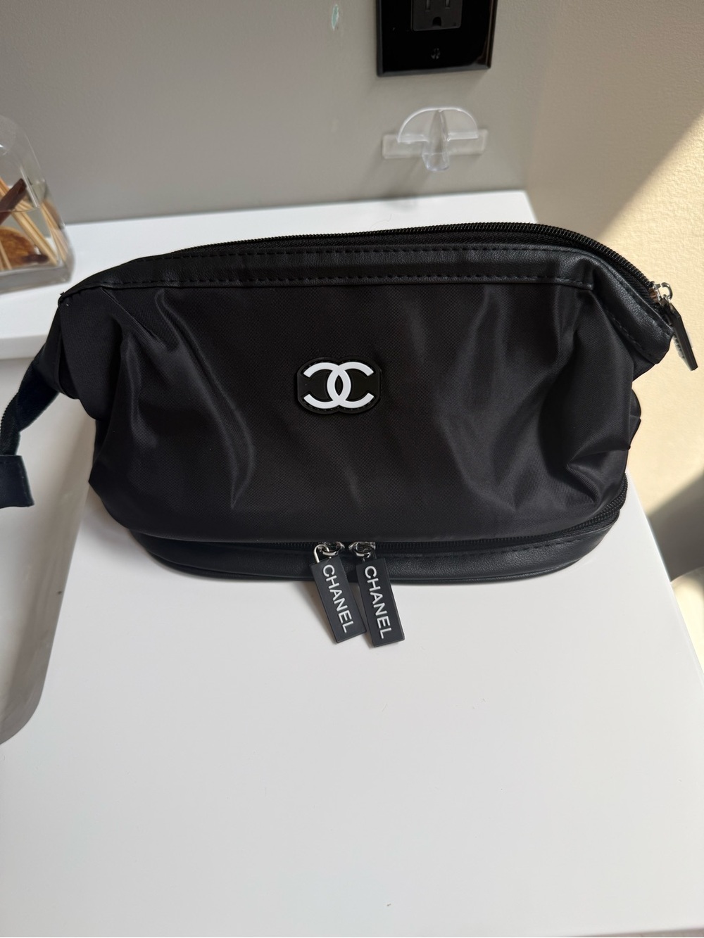 CHANEL Black Nylon Cosmetic Pouch with Double Zips